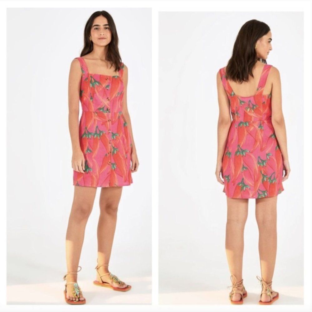 FARM Rio Red Pepper Linen Mini Dress XS NWT Spice Summer Vacation Tomato Girl - Picture 5 of 16